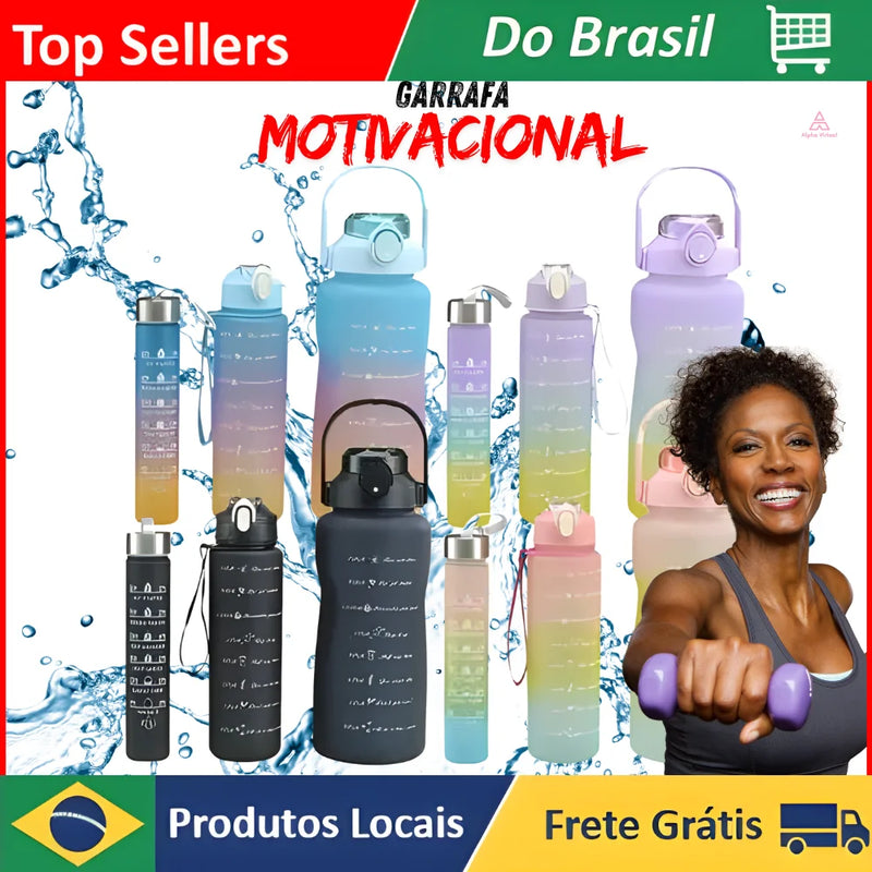 Kit 3 Garrafas de Água Motivacionais Fitness Tie Dye Degrade Preto Branco Sortida Beber Academia 2 Litros 900ml 300ml