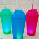 Copo com tampa cubo de gelo Colorido Canudo Luz led Bateria