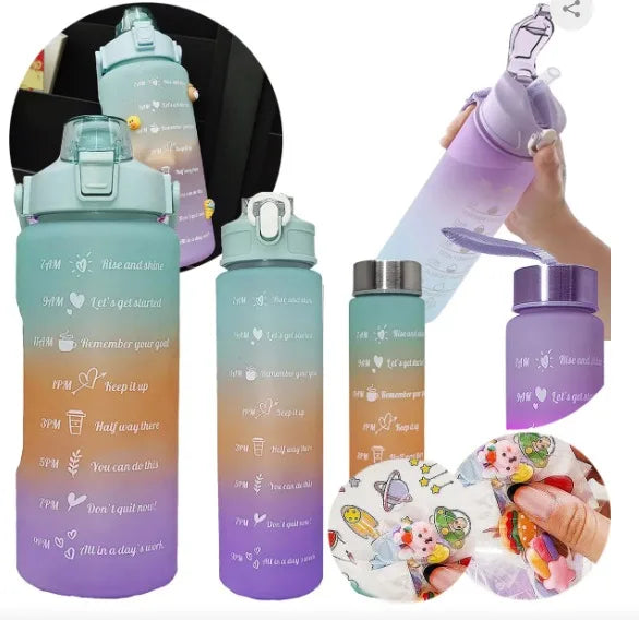 KIT 3 GARRAFAS 2Litros 900ml 300ml Squeeze Fases Motivadoras Adesivos 2D 3D